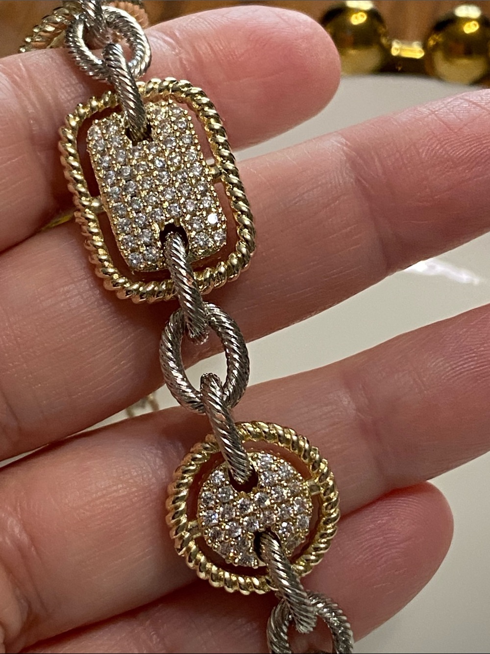 Stainless Steel Two-Tone Gold and Silver Pavé Link Bracelet - Picture 3 of 6